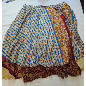 Boho Sari-Style Wrap Maxi Skirt Multicolor Layered Tie Adjustable Waist 34" Long